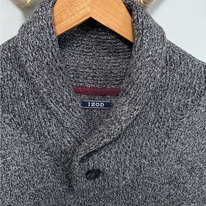 IZOD Shawl Collar Knit Sweater Men’s Gray Button Neck Pullover Size L